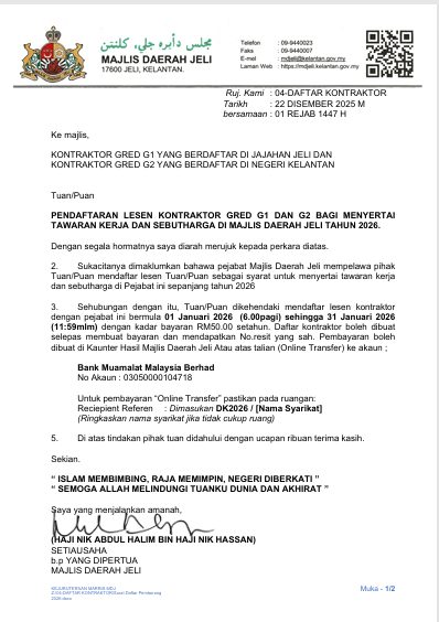 PENDAFTARAN LESEN KONTRAKTOR GRED G1 DAN G2 BAGI MENYERTAI TAWARAN KERJA DAN SEBUTHARGA DI MAJLIS DAERAH JELI TAHUN 2026.